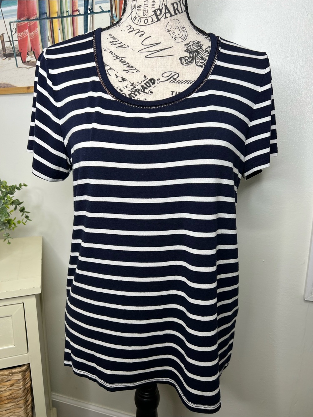 Brand New-Tommy Hilfiger Blue/White Striped w/ Embroidered Crochet Neckline Top